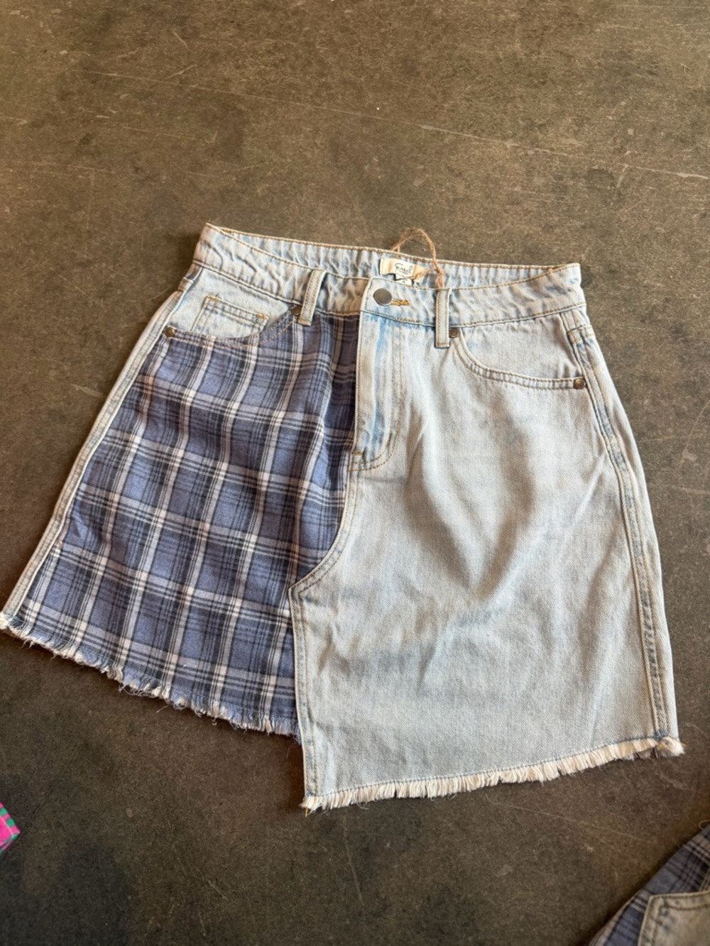 Patchwork Light Wash Denim Mini Skirt with Blue Plaid Panel